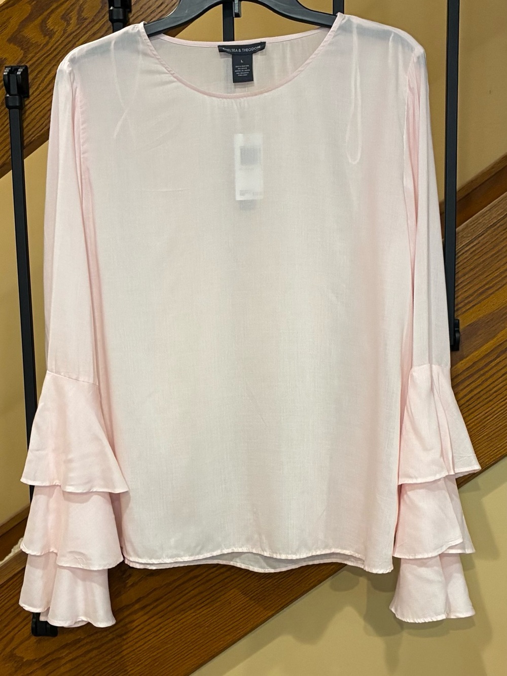 chelsea & theodore Blouse Tiered Bell Long Sleeve Crystal Pink SZ. Lg NWT
